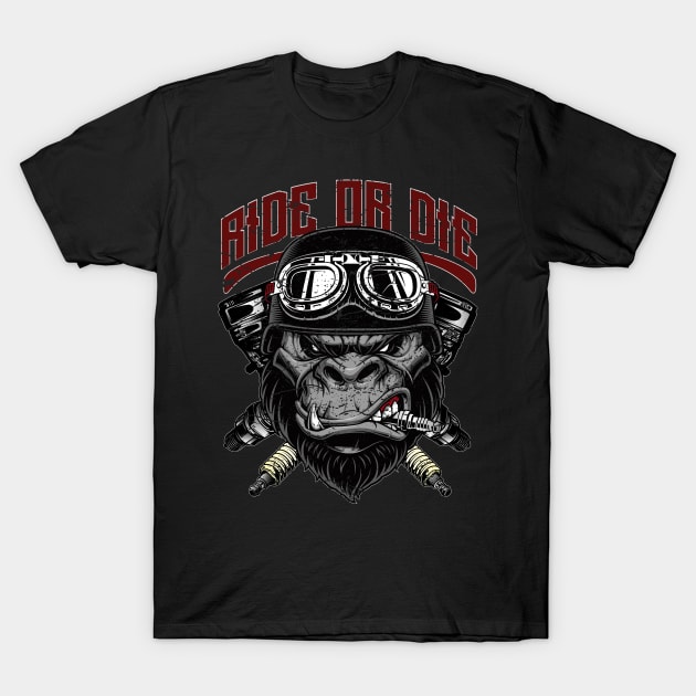 Ride or Die Biker Gorilla T-Shirt by RockabillyM